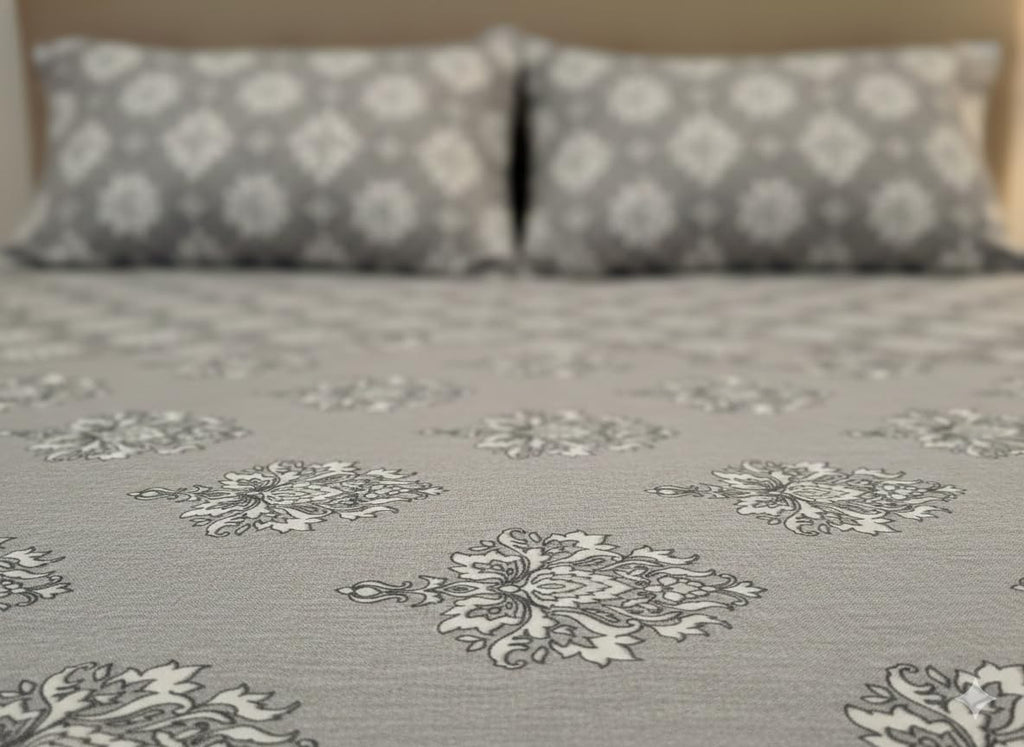 Charcoal Grey and White Damask Floral Design