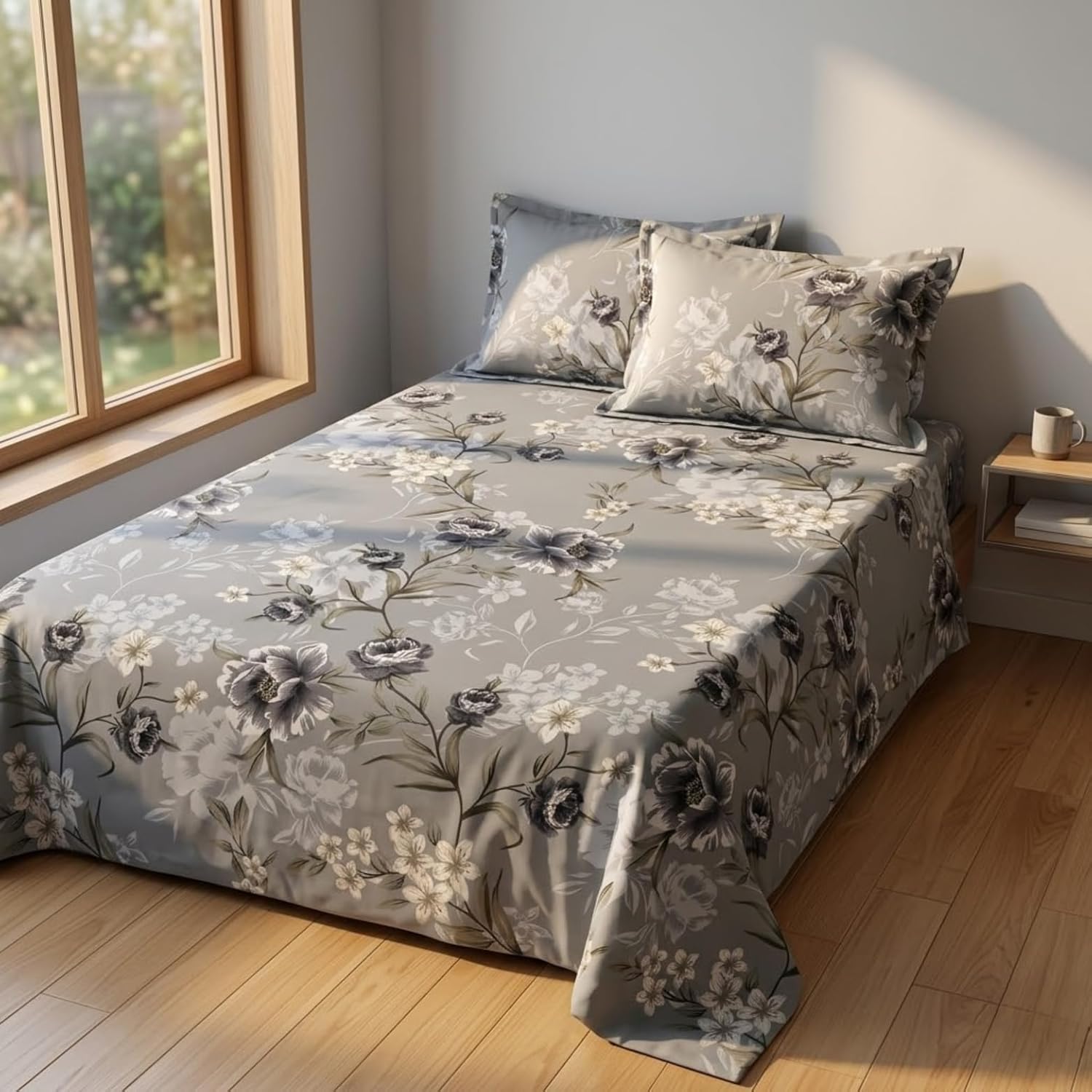 Cloud Ash Floral Printed Bedsheet