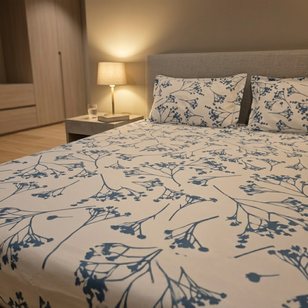 Azure Blue White Wildflower Pattern Bedding Set