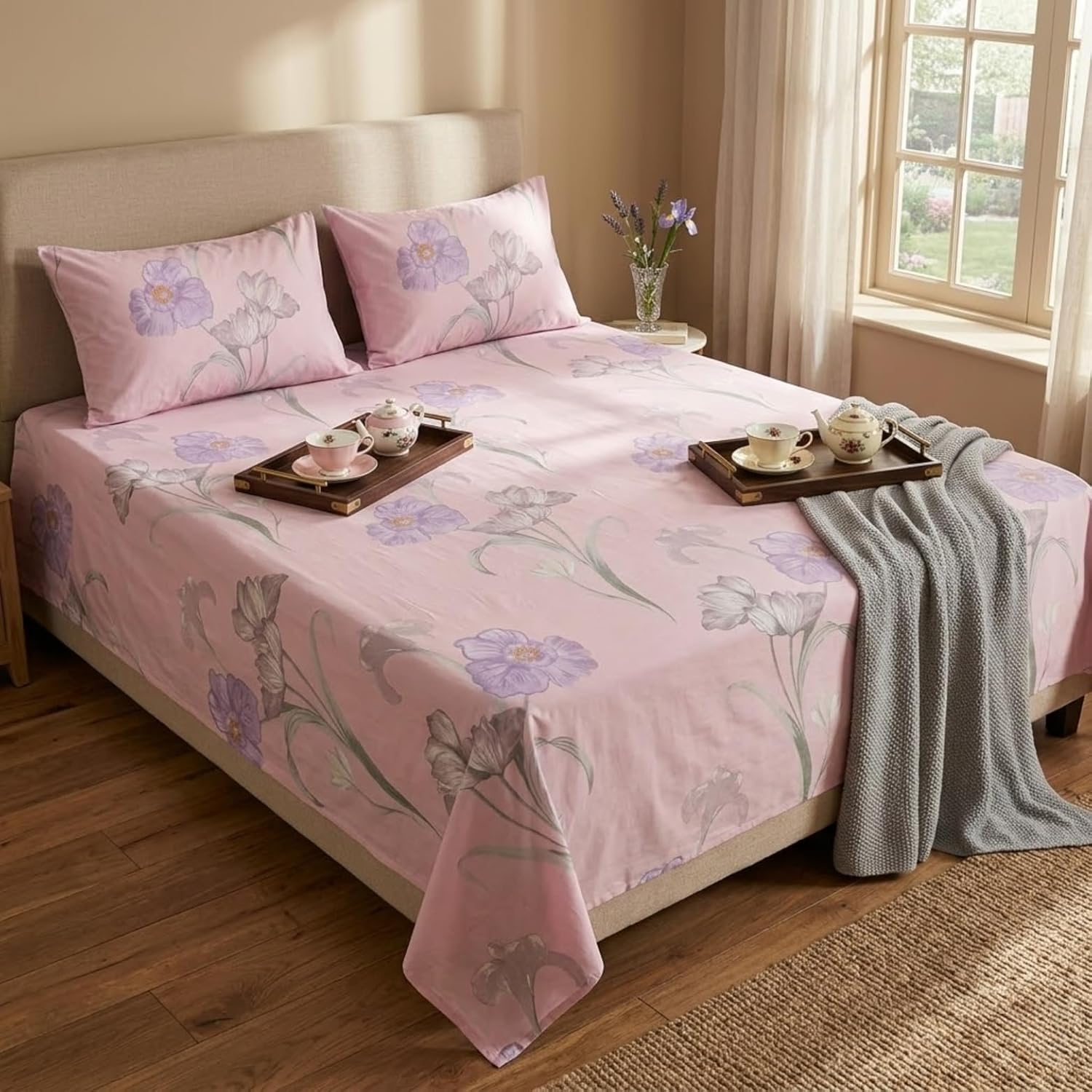 Pastel Blush Floral Printed Bedsheet
