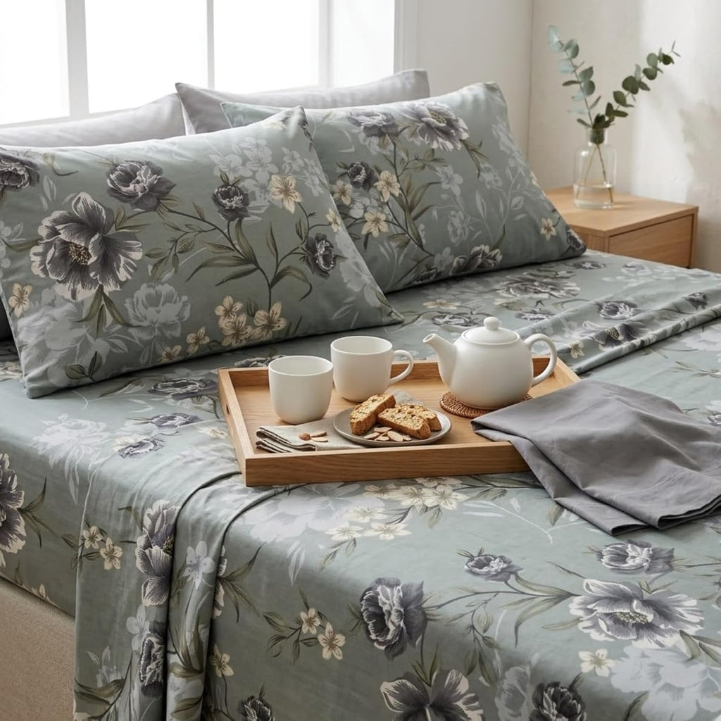 Cloud Ash Floral Printed Bedsheet