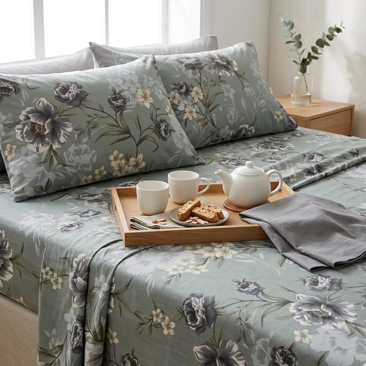 Cloud Ash Floral Printed Bedsheet