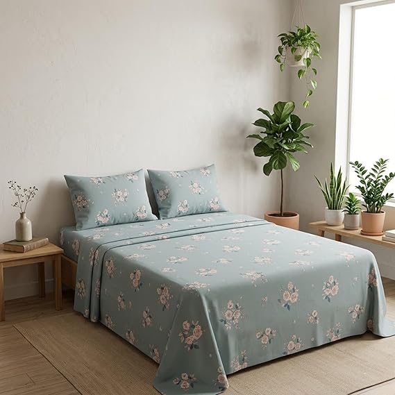 Serene Slate Floral Pattern Fitted Bedsheet