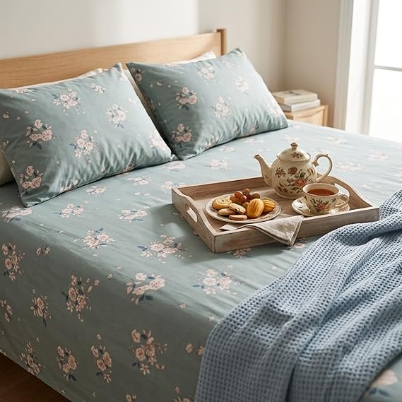 Serene Slate Floral Pattern Fitted Bedsheet