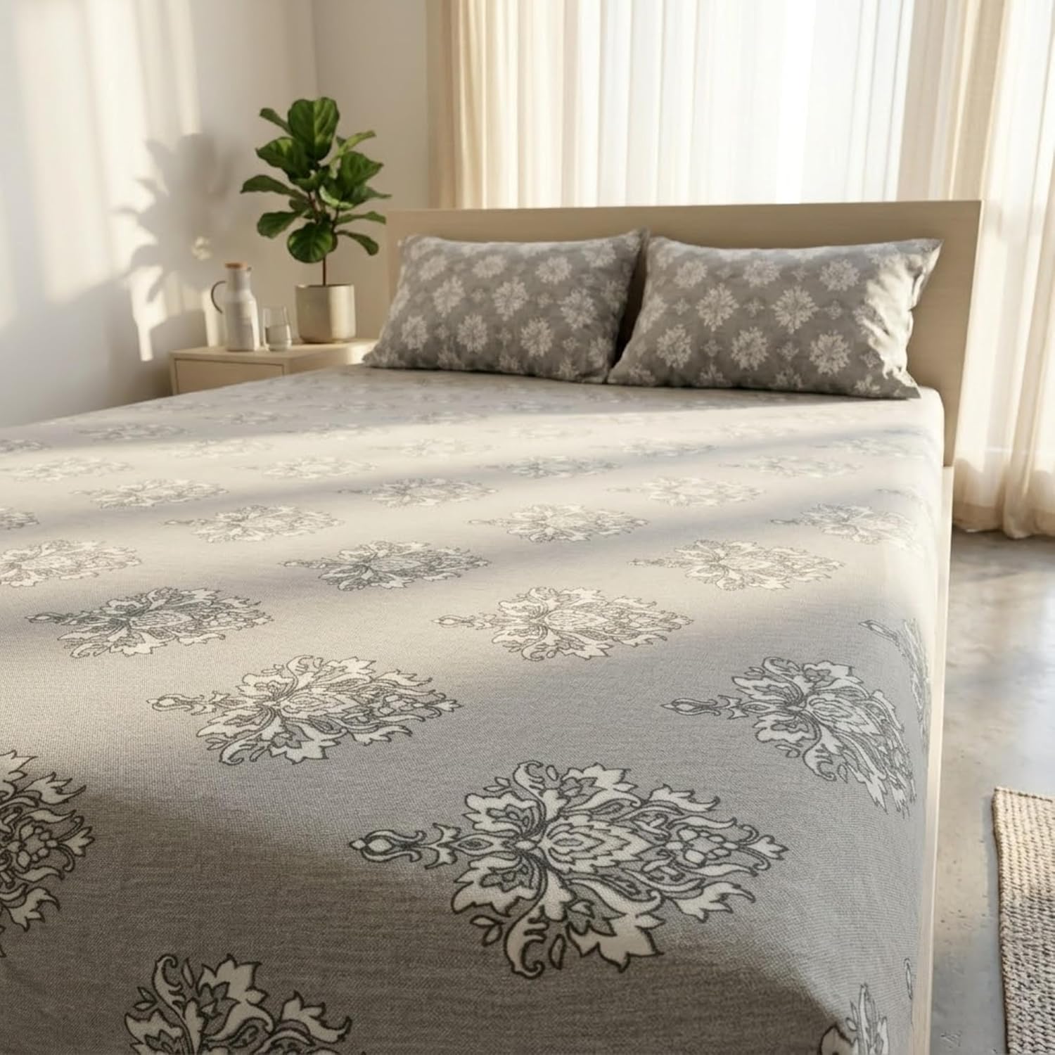 Charcoal Grey and White Damask Floral Design